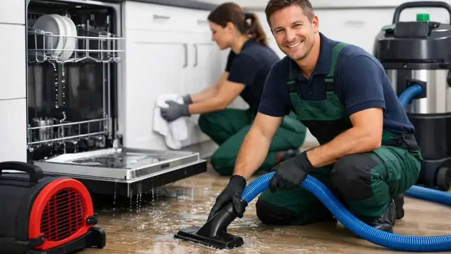 Two technicians extracting water from a kitchen floor next to an open dishwasher