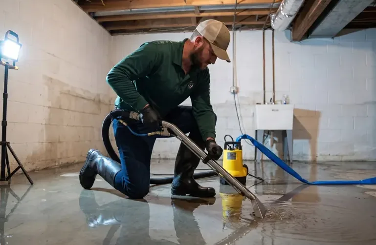 A restoration crew extracting standing water from the floor of a home, with hoses running to the truck-mounted unit outside